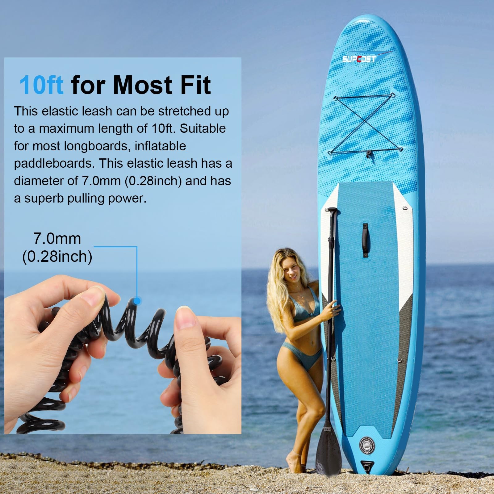 10 Ft Surf Board Leash, 5.5Mm/7.0Mm Thick Urethane Coiled Paddle Board Leash