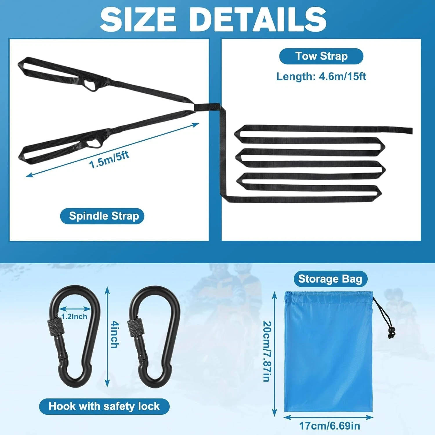 20ft Snowmobile Tow Straps, Heavy-Duty Tow Rope with Two Black Metal Hooks, Emer
