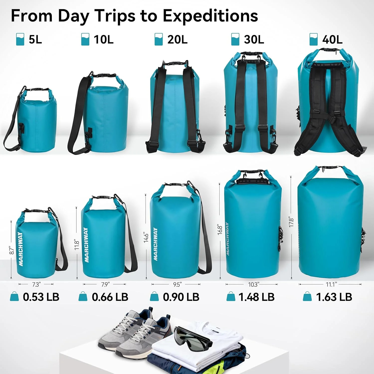 MARCHWAY Floating Waterproof Dry Bag Backpack 5L/10L/20L/30L/40L, Roll Top Sack