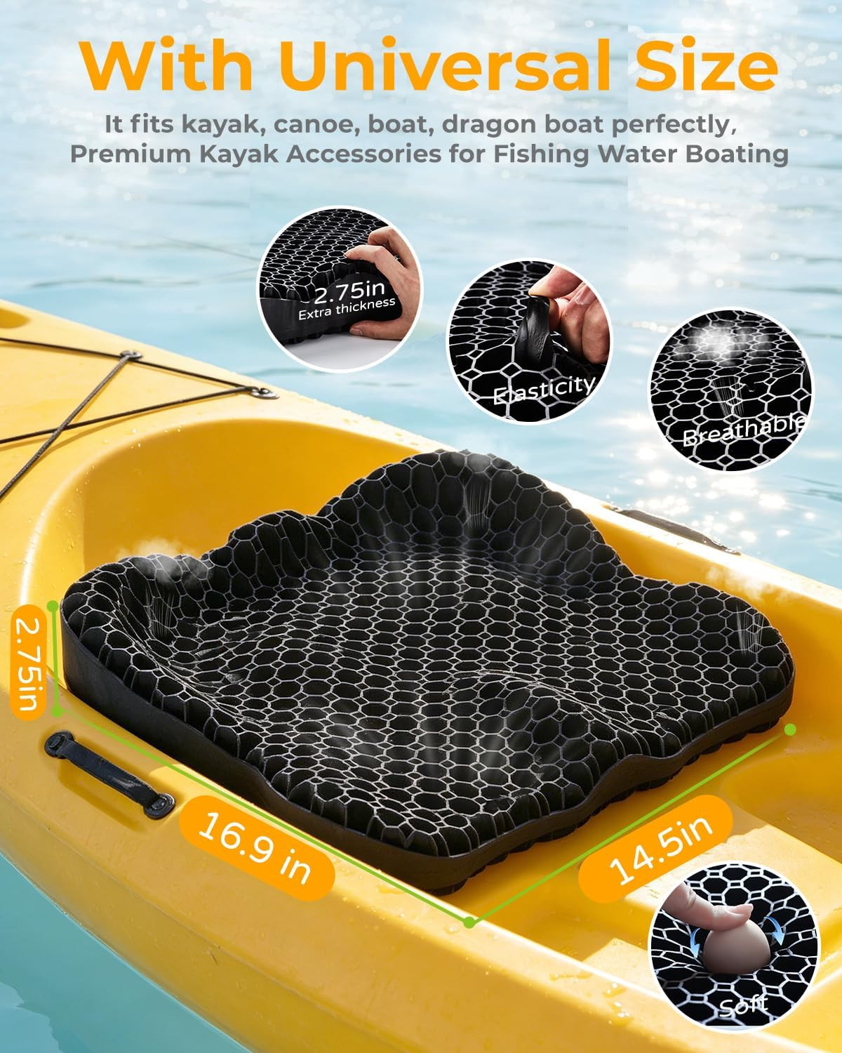 Premium Gel Kayak Seat Cushion, Thickened Non-Slip Waterproof Seat Pad, Breathab
