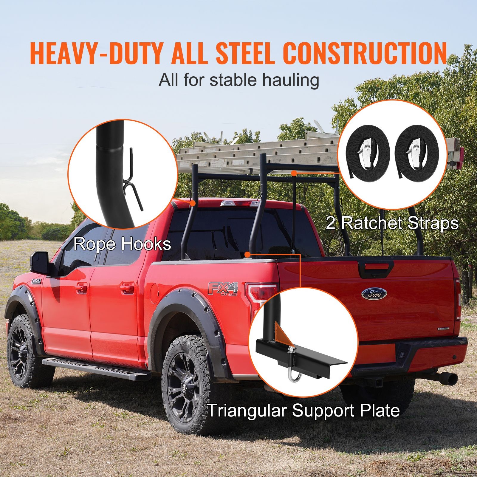 Truck Rack, 46-71inch Extendable Truck Ladder Rack, 800lbs Capacity Steel