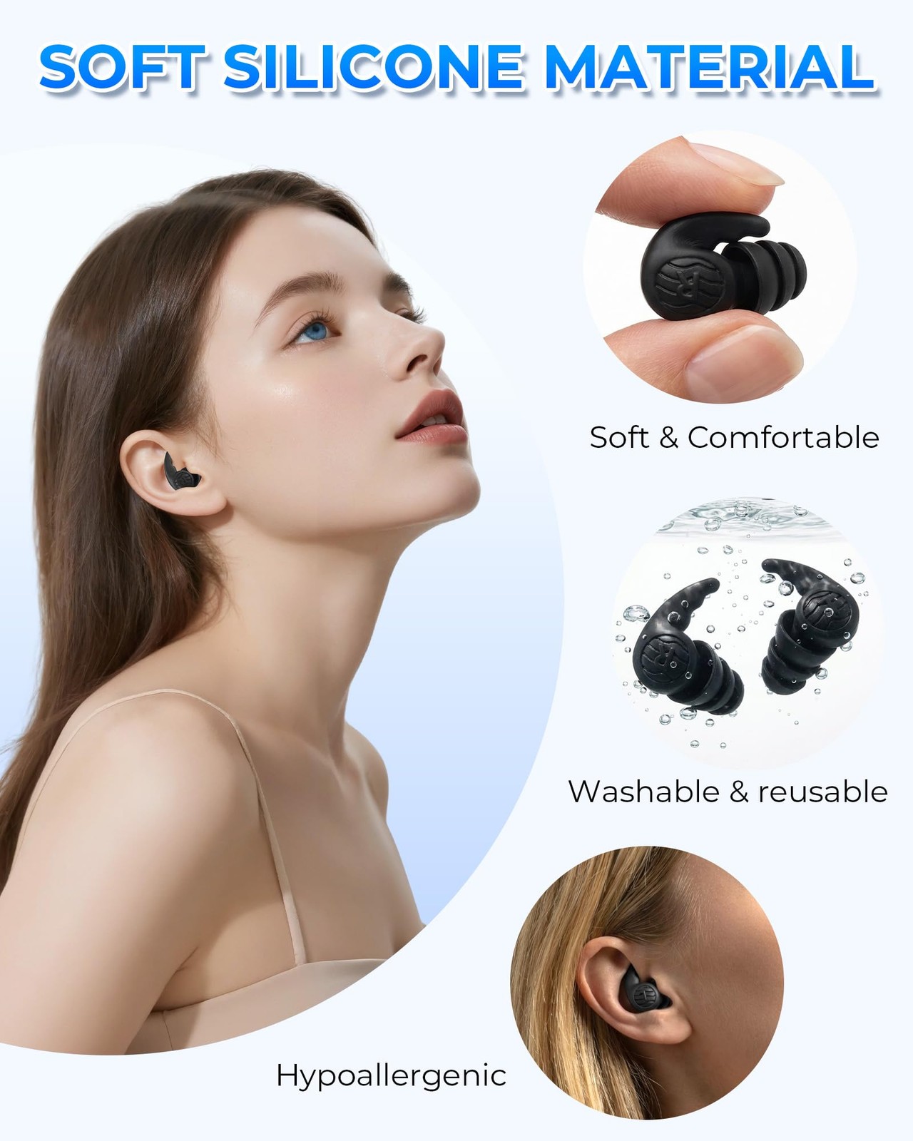 3 Pairs Swimming Earplugs Waterproof 1 pair (Pack of 3), Black-blue-gray