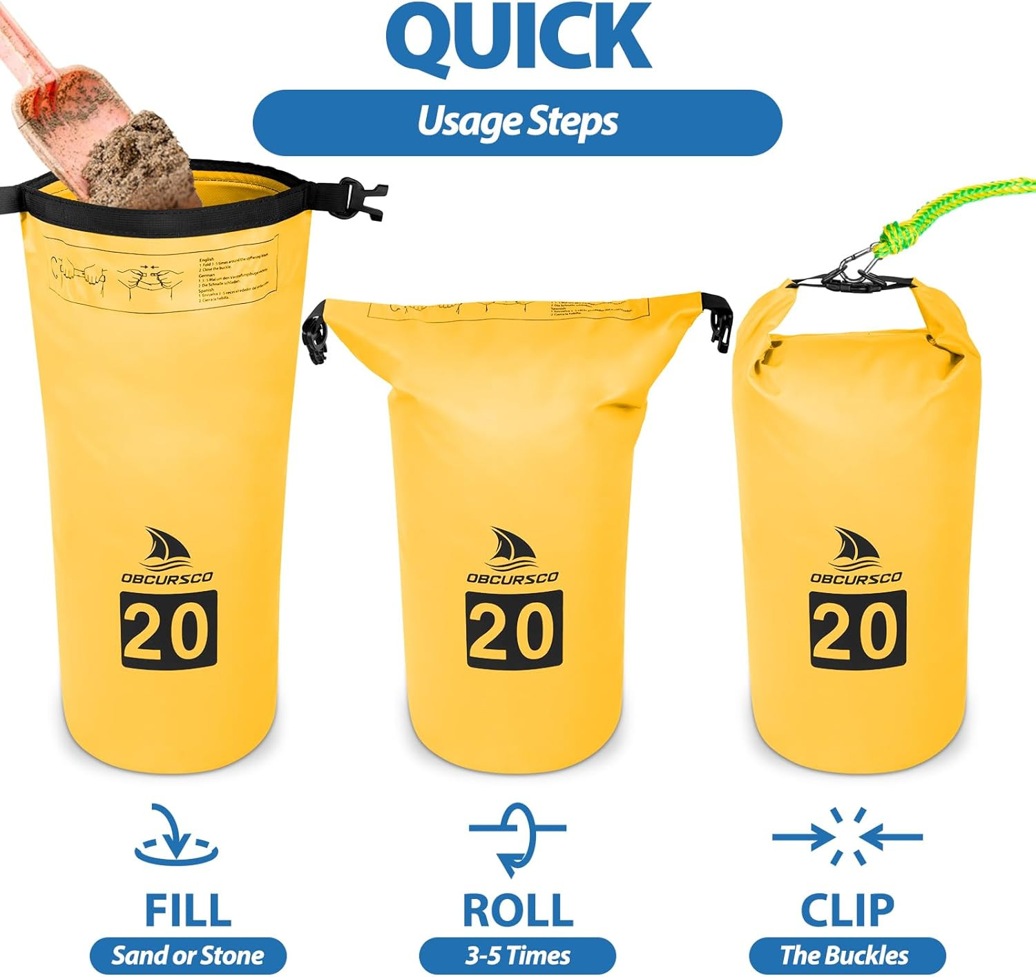 Obcursco 20L Jet Ski Anchor Kit PWC Anchor 2 in 1 Sand Bag Anchor for Float with