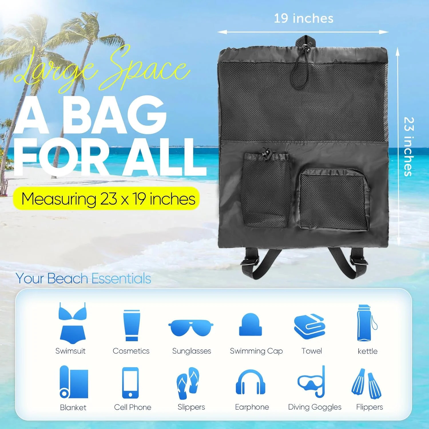 Swim Mesh Beach Bag, Waterproof Gym Bags for Women and Men, Large Pool Bag