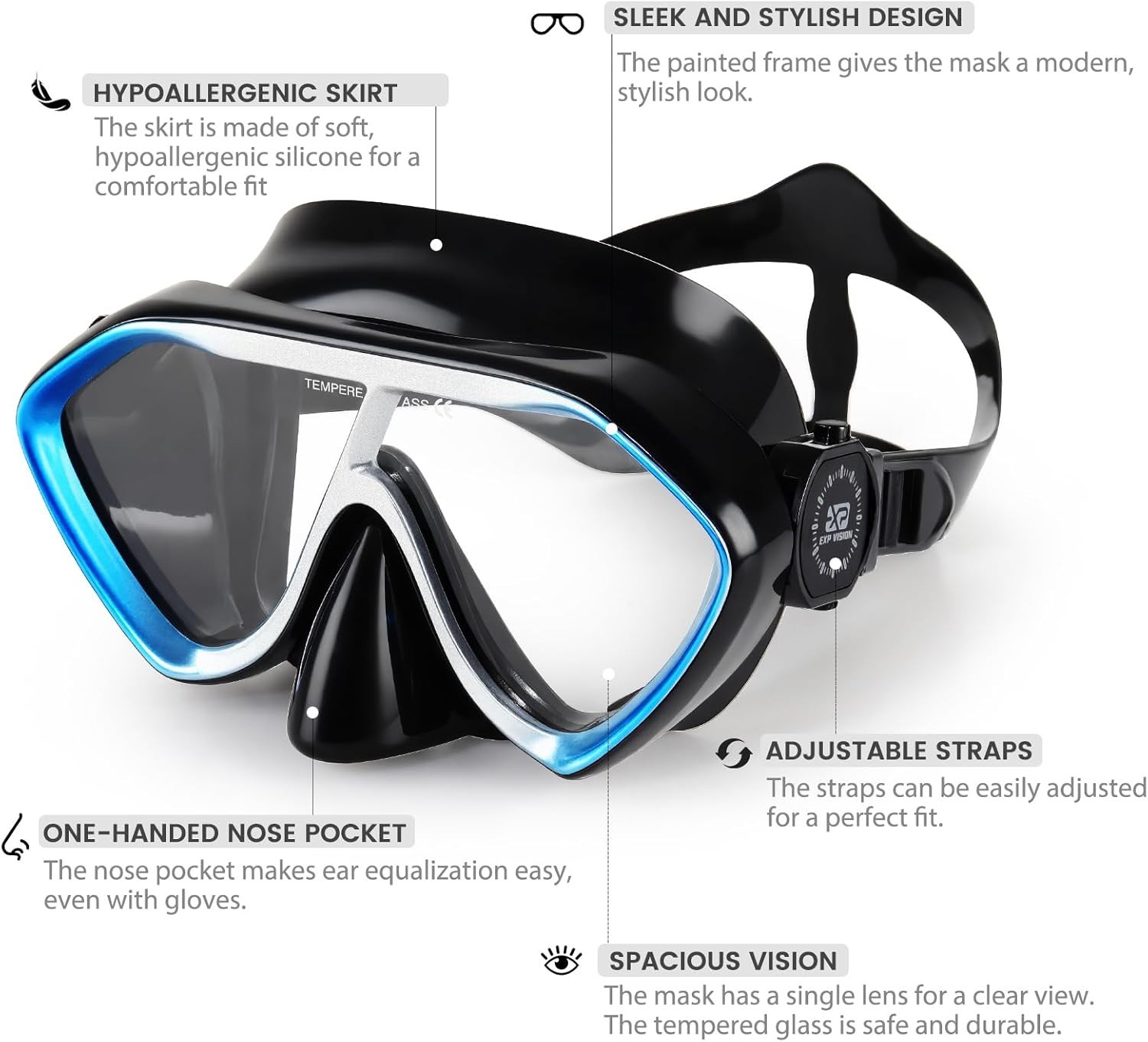 Scuba Diving Mask Tempered Glass Lens Swim Goggles Snorkeling Panoramic