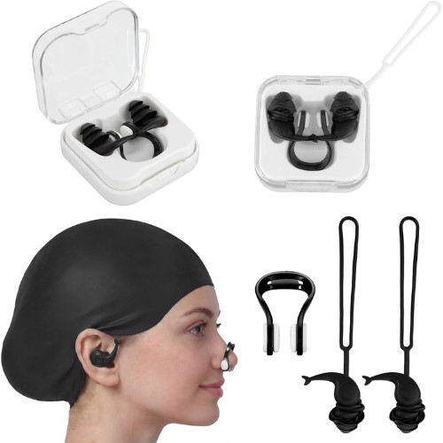 3 Piece Black Swim Accessories Set, Swim Nose Clip Water Ear Plugs with String