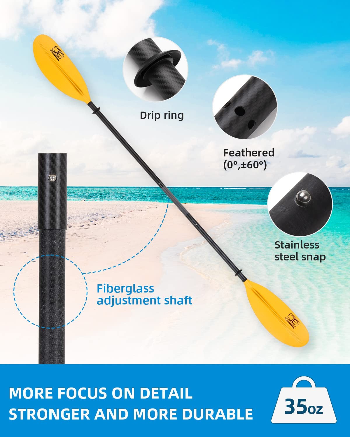 OCEANBROAD Adjustable Carbon Fiber Kayak Paddle 86in/220cm to 94in/240cm Kaya…