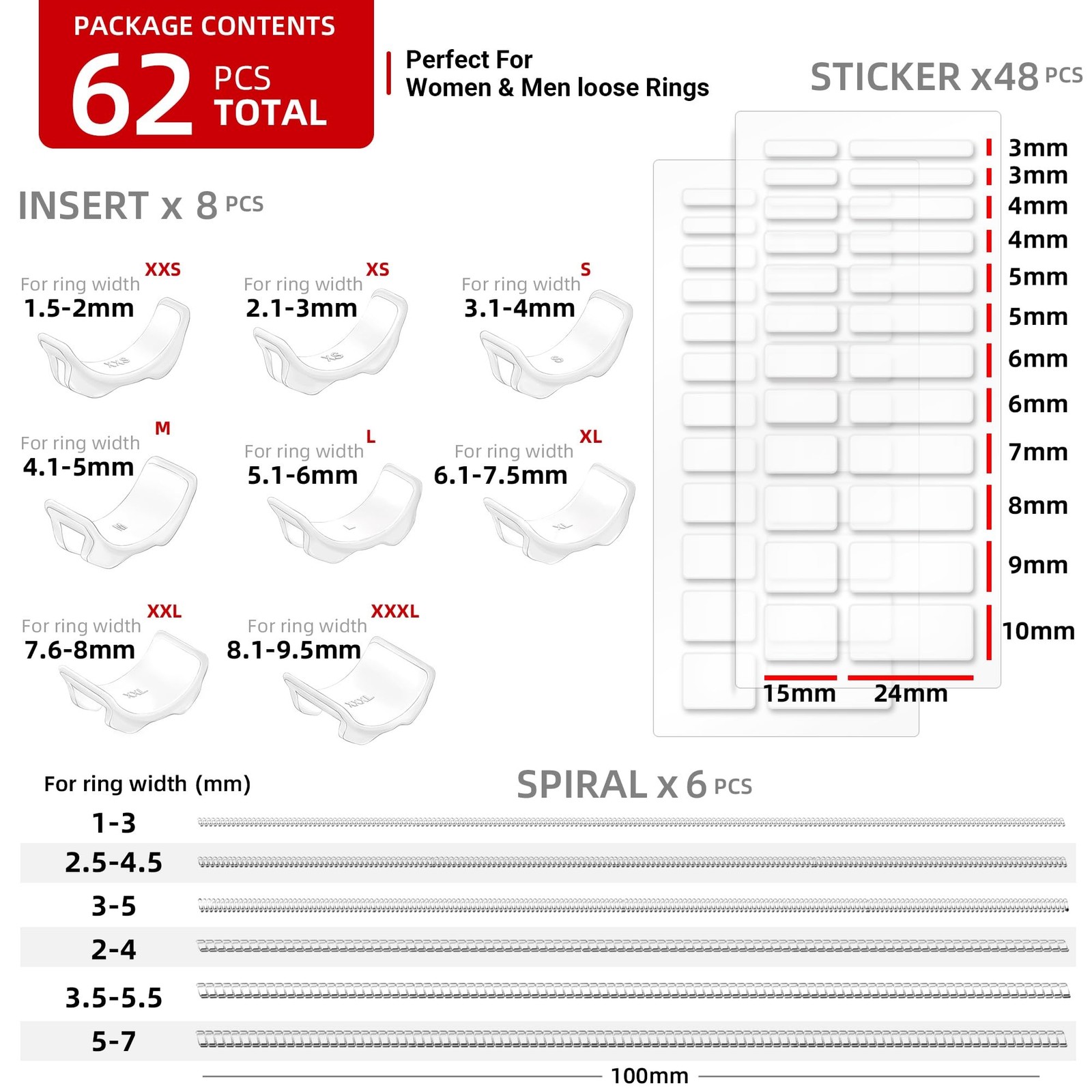 Omilly Ring Sizer Adjuster for Loose Rings – 62 Piece Set with 3 Styles (Ring…