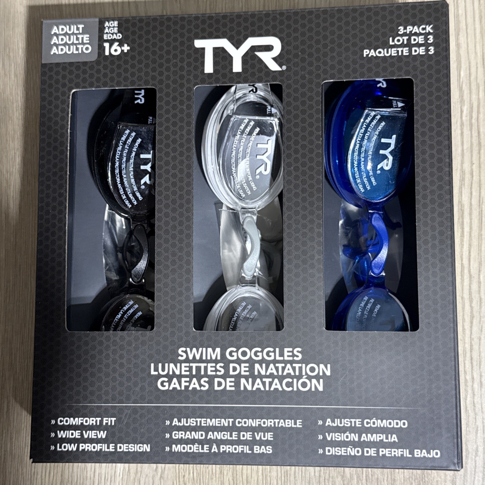 TYR Adult Swim Googles 3 Pack Silver/Blue/Black New Sealed wide view comfort fit