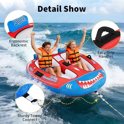Towable Tube for Boating, 1–2 Person Inflatable Towable Tube with Red Shark