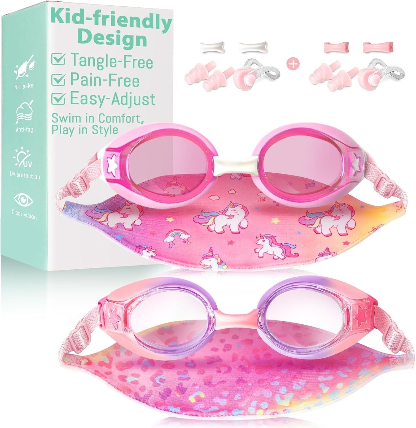 2 Pack Kids Swim Goggles with Fabric Strap for 3-14 Anti-Fog Anti-UV, No Leak…