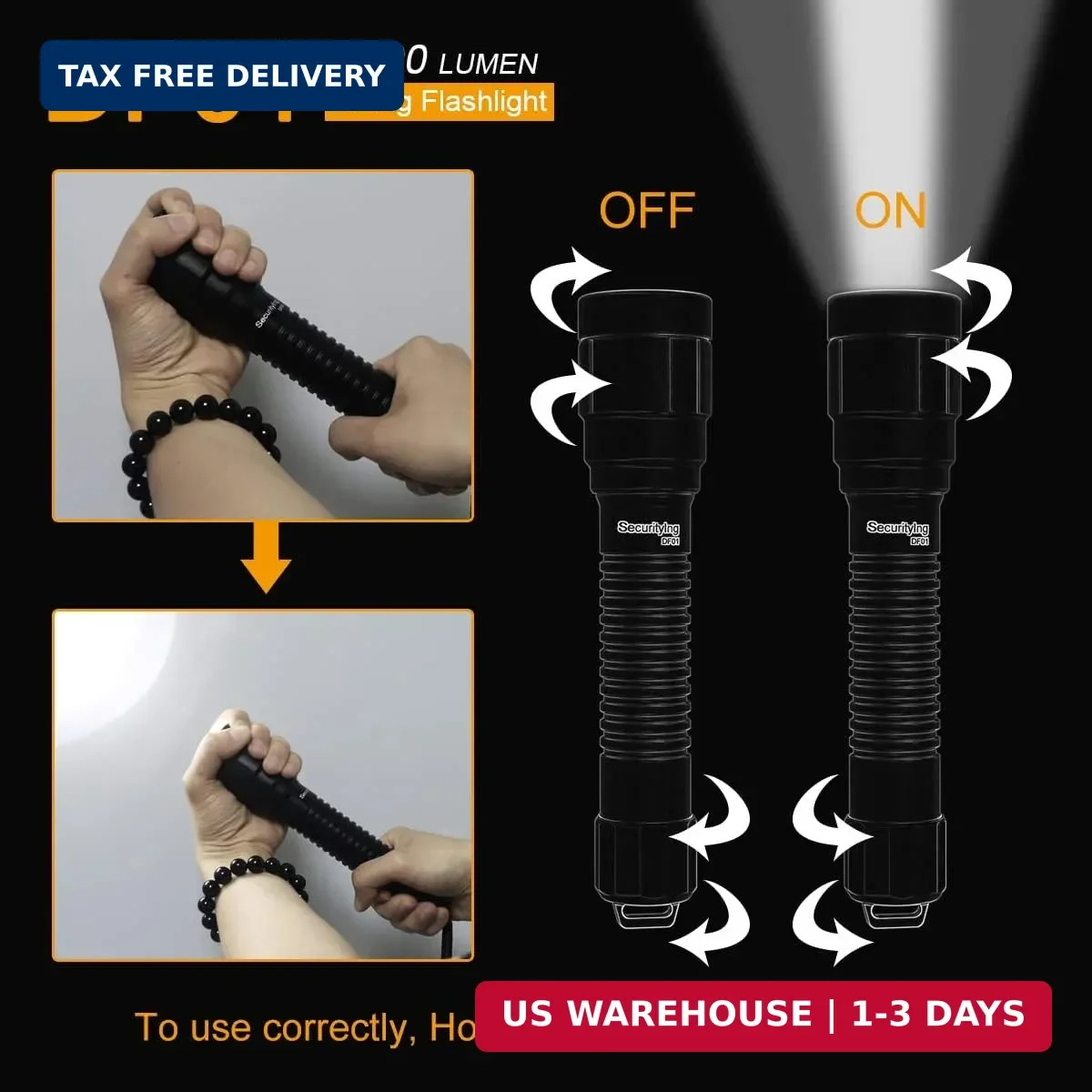 SecurityIng DF01 Scuba Diving Light, 1500 Lumens Mechanical Twist On/Off Underwa