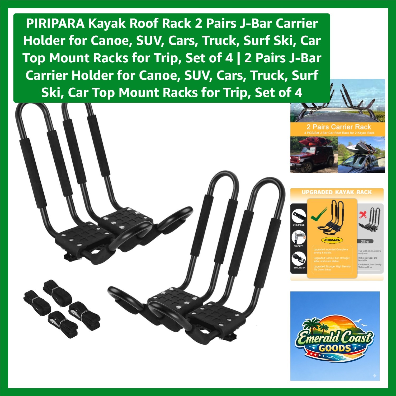 Kayak Roof Rack 2 Pairs J-Bar Carrier Holder for Canoe, SUV, Cars, Truck, Sur…