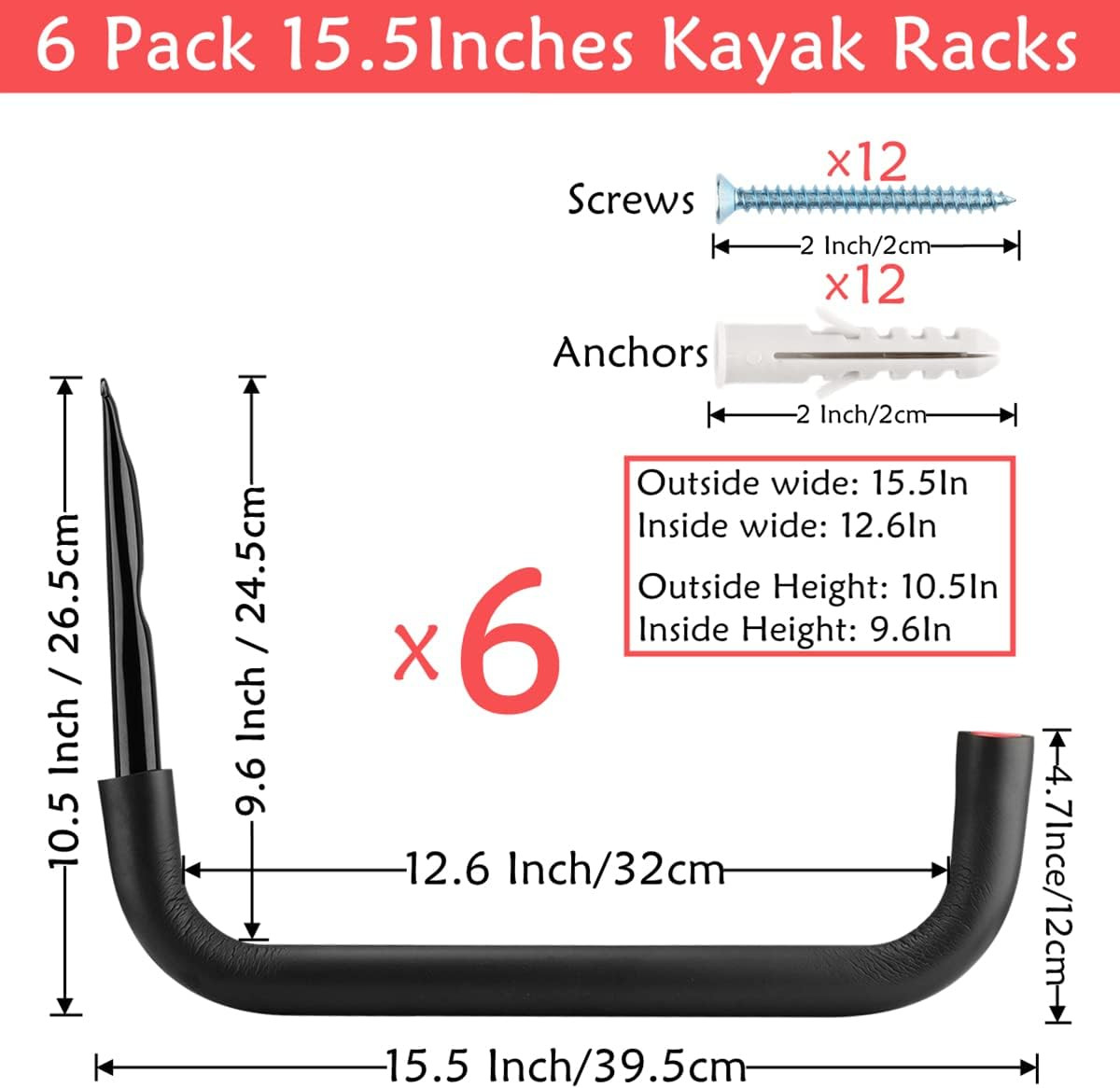 6 Pack Kayak Storage Hooks, 15.5 Inch Wall Mount Canoe Hangers, Heavy Duty Snowb