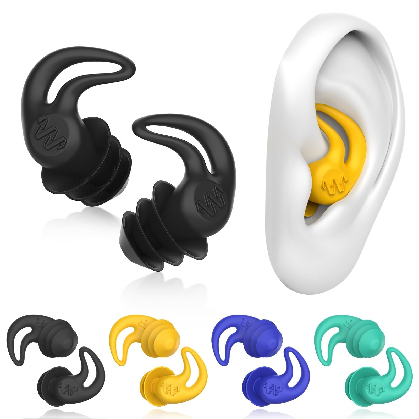 Waterproof Ear Plugs for 1 pair (Pack of 4), Black, Blue, Yellow, Green