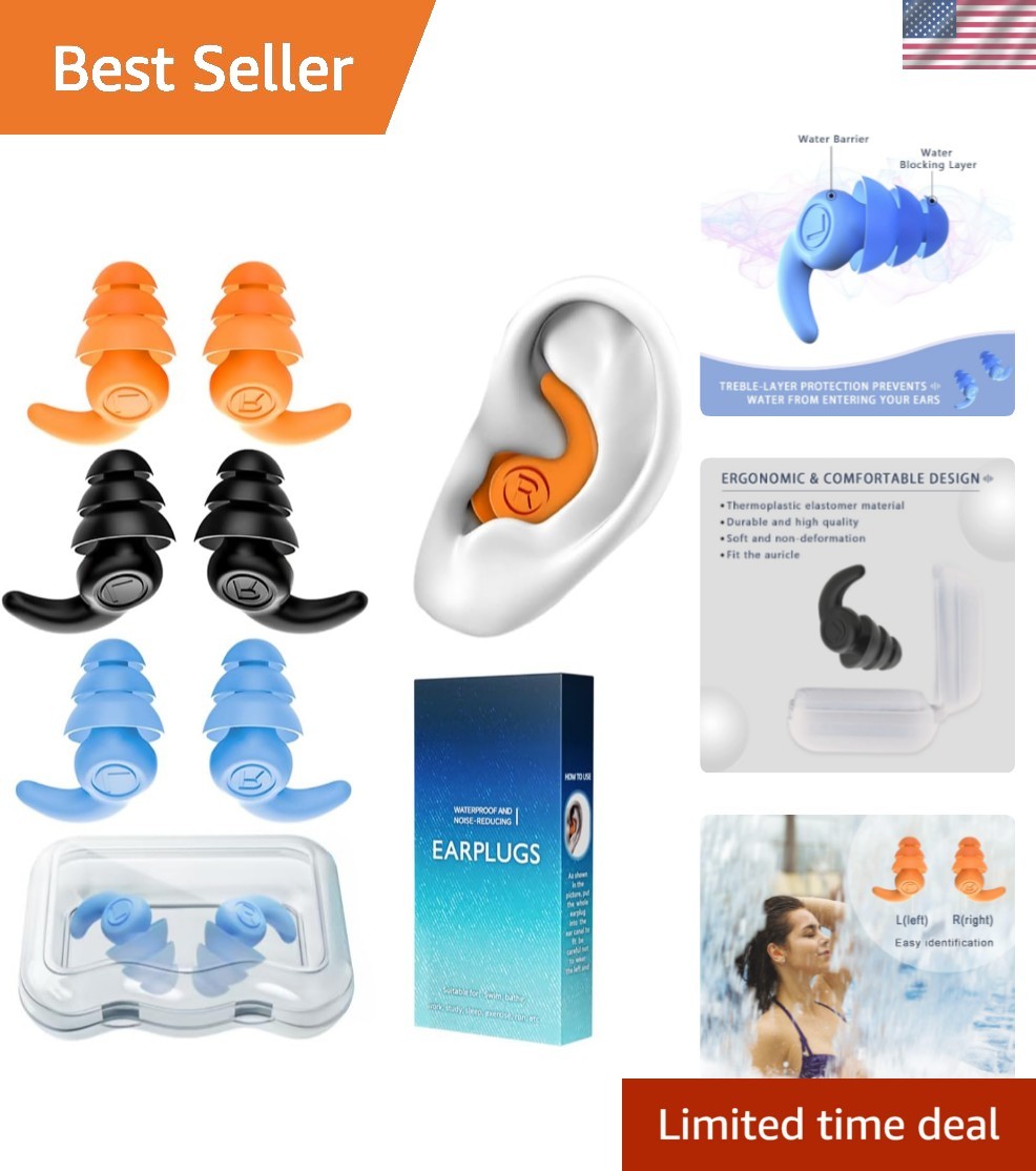 Waterproof Swimming Ear Plugs for Adults, 3 Pairs Reusable Silicone Swimmer E…