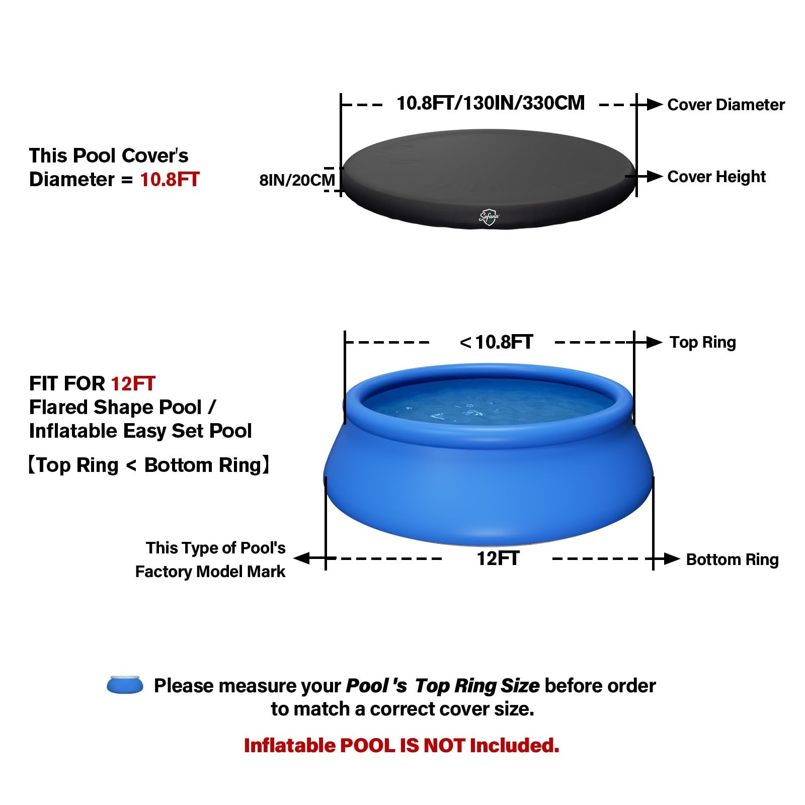 Pool Covers for 12ft Inflatable Easy Set Pool [ Top Ring 10.8ft ] Round Poo…