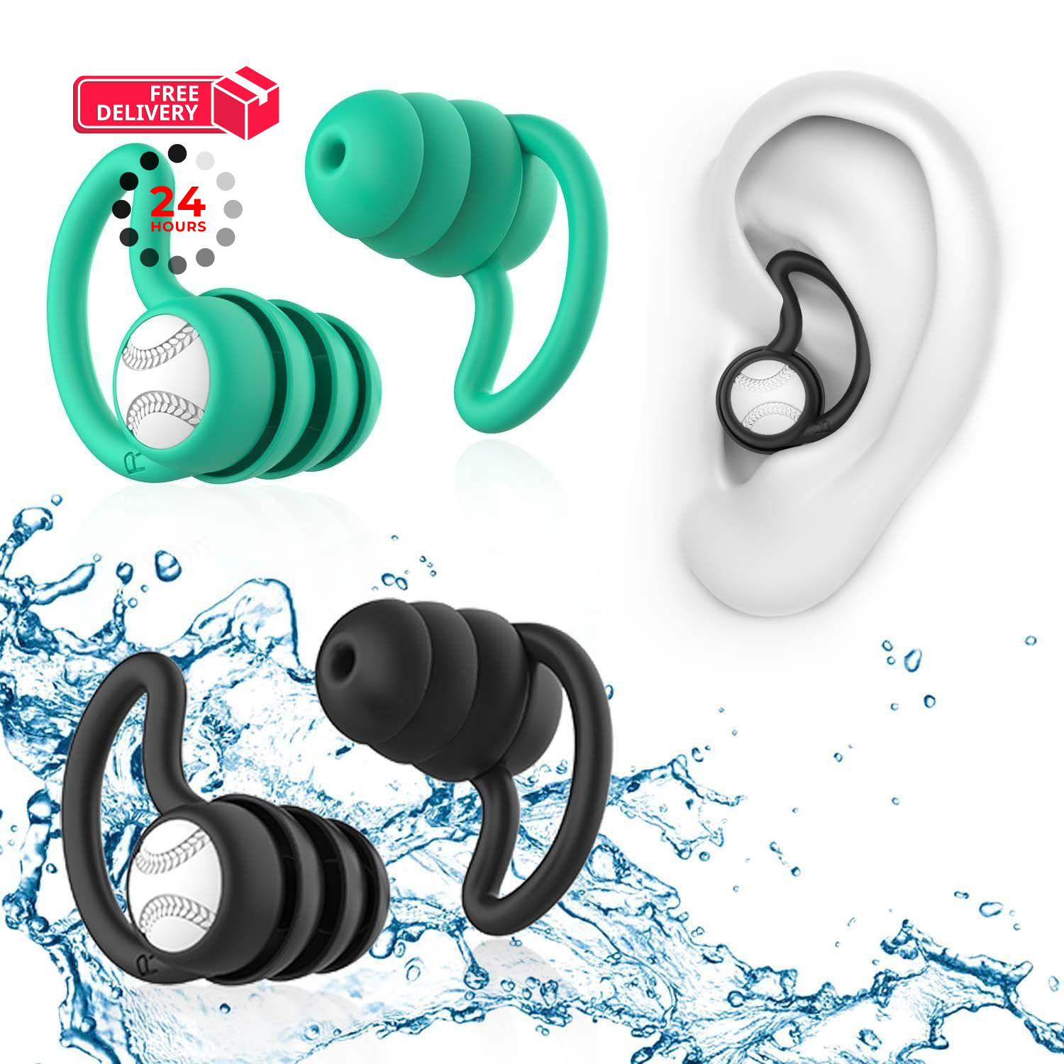 Swimming Ear Plugs Waterproof Earplugs – 3 1 pair (Pack of 3), Green, Black