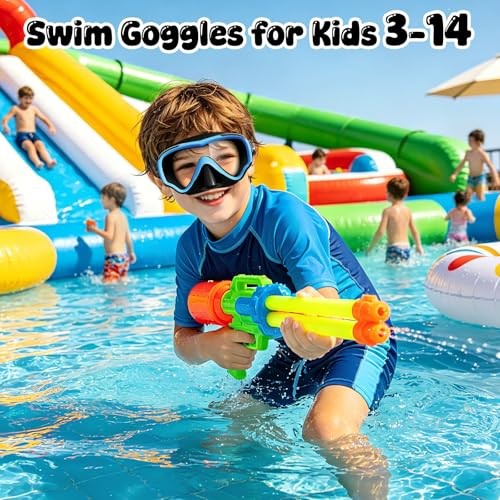 Kids Swim Goggles with Nose Cover, Anti Fog Wide View Clear A-Black (1 pack)