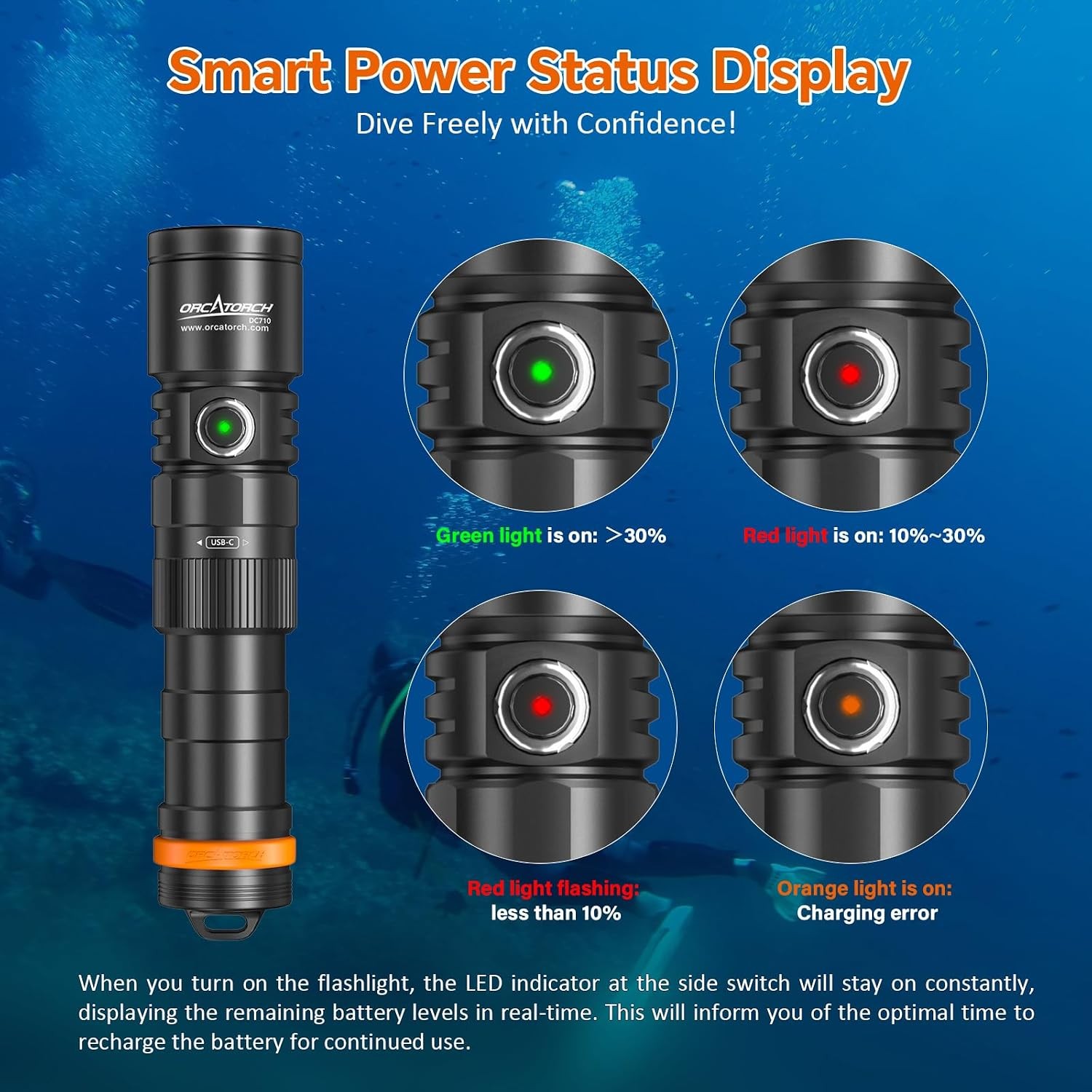ORCATORCH DC710 Scuba Dive Light 3000 Lumen Rechargeable Underwater