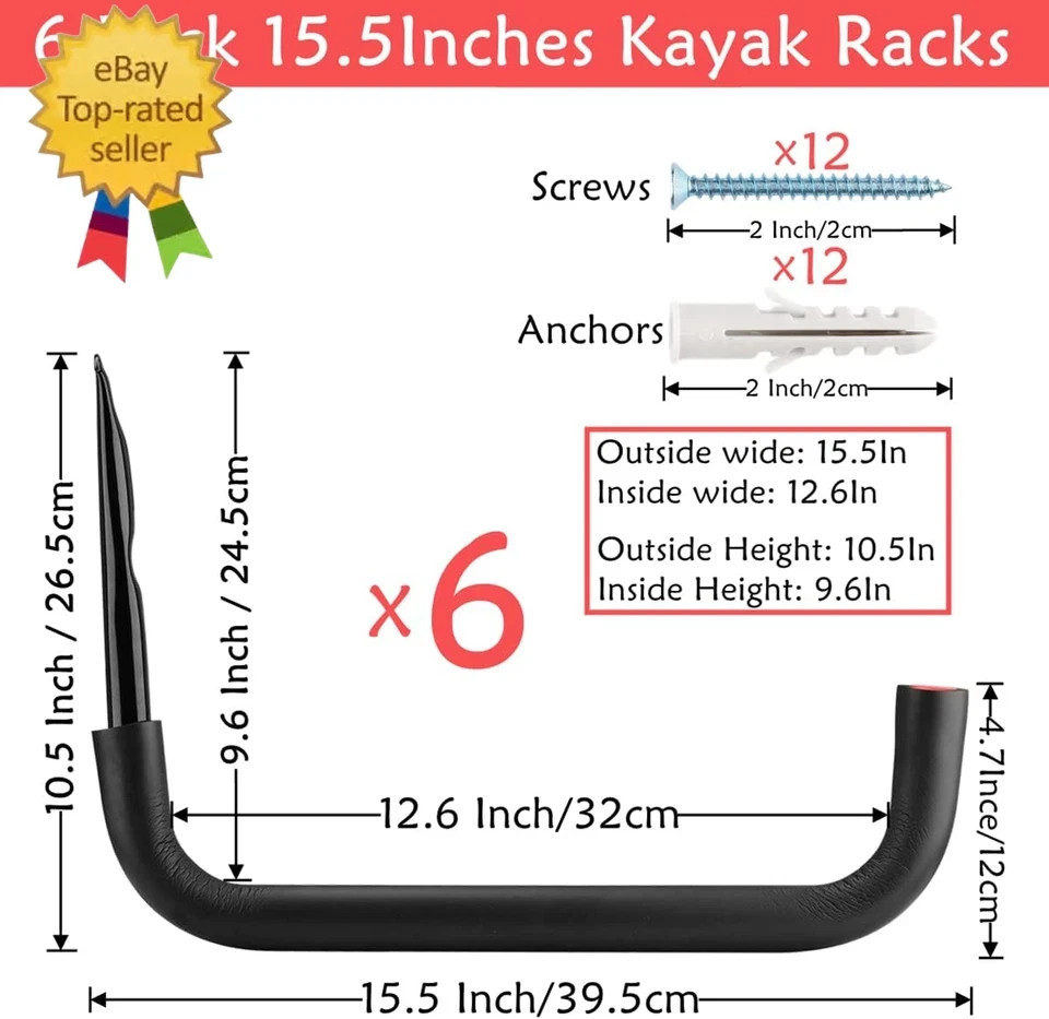 6 Pack Kayak Storage Hooks, 15.5 Inch Wall Mount Canoe Hangers, Heavy Duty Snowb