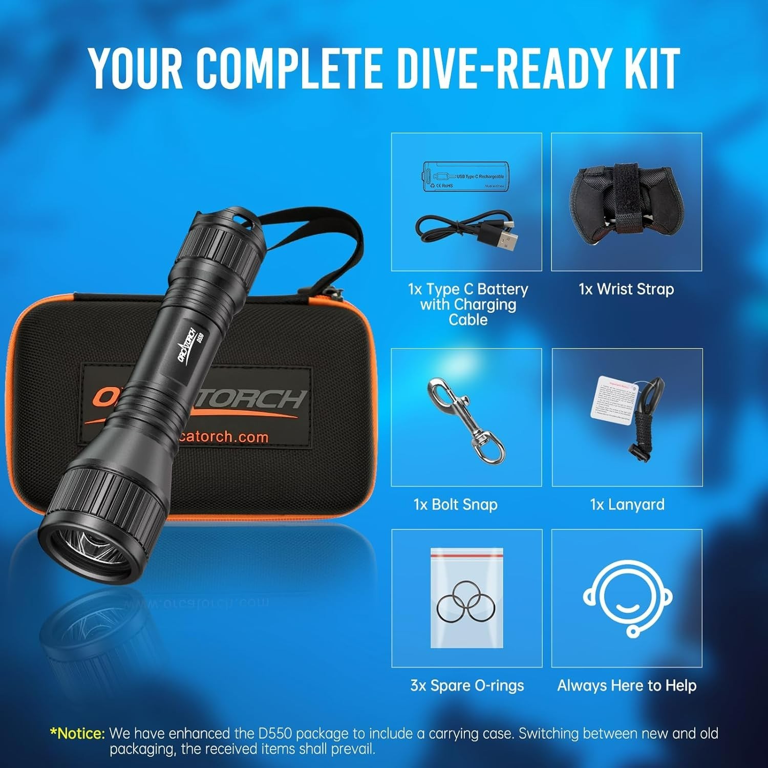 ORCATORCH D550 Scuba Dive Light 1000 Lumens Underwater Flashlight with 3 Modes