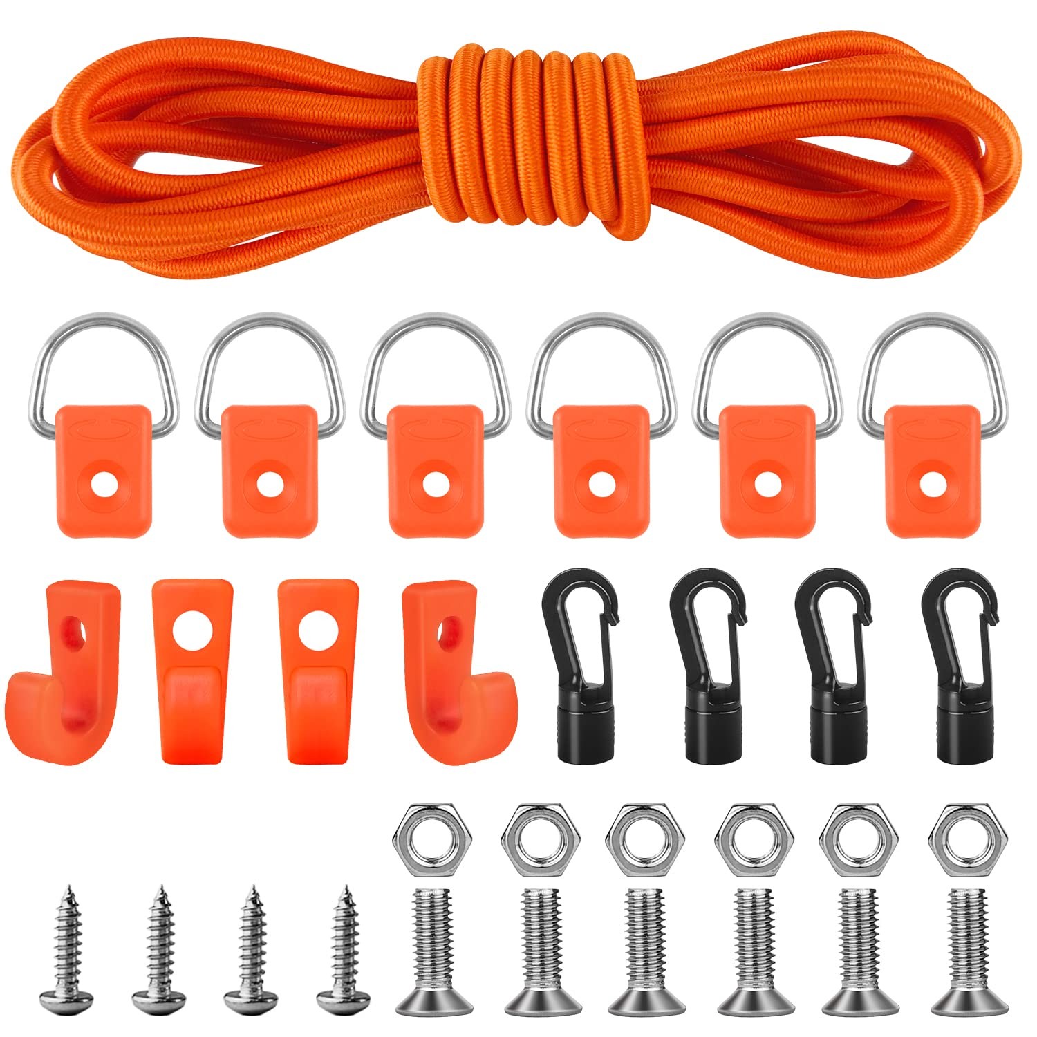 Kayak Deck Rigging Kit 1/4 Inch 9.8 Ft Bungee Cord D Rings Hooks Orange