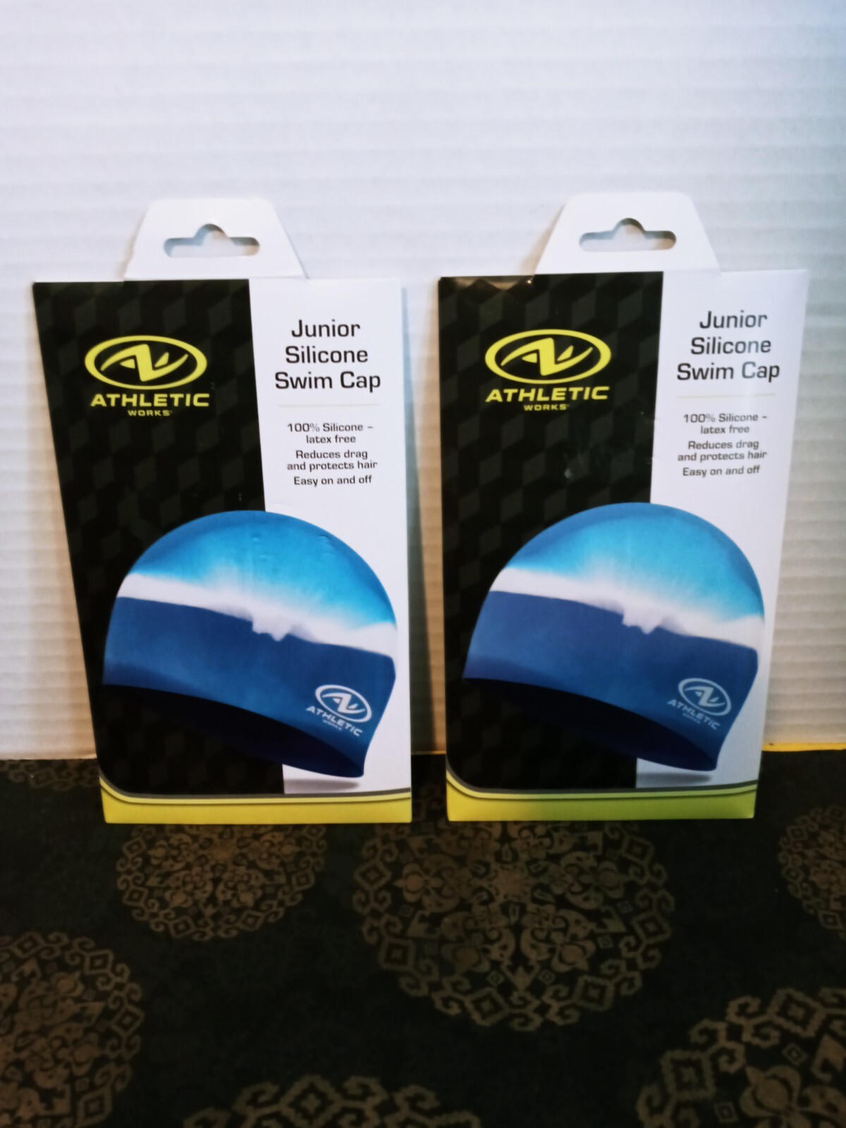 lot ATHLETIC WORKS Junior Youth Swim Cap 100% Silicone Latex Free Blue & White