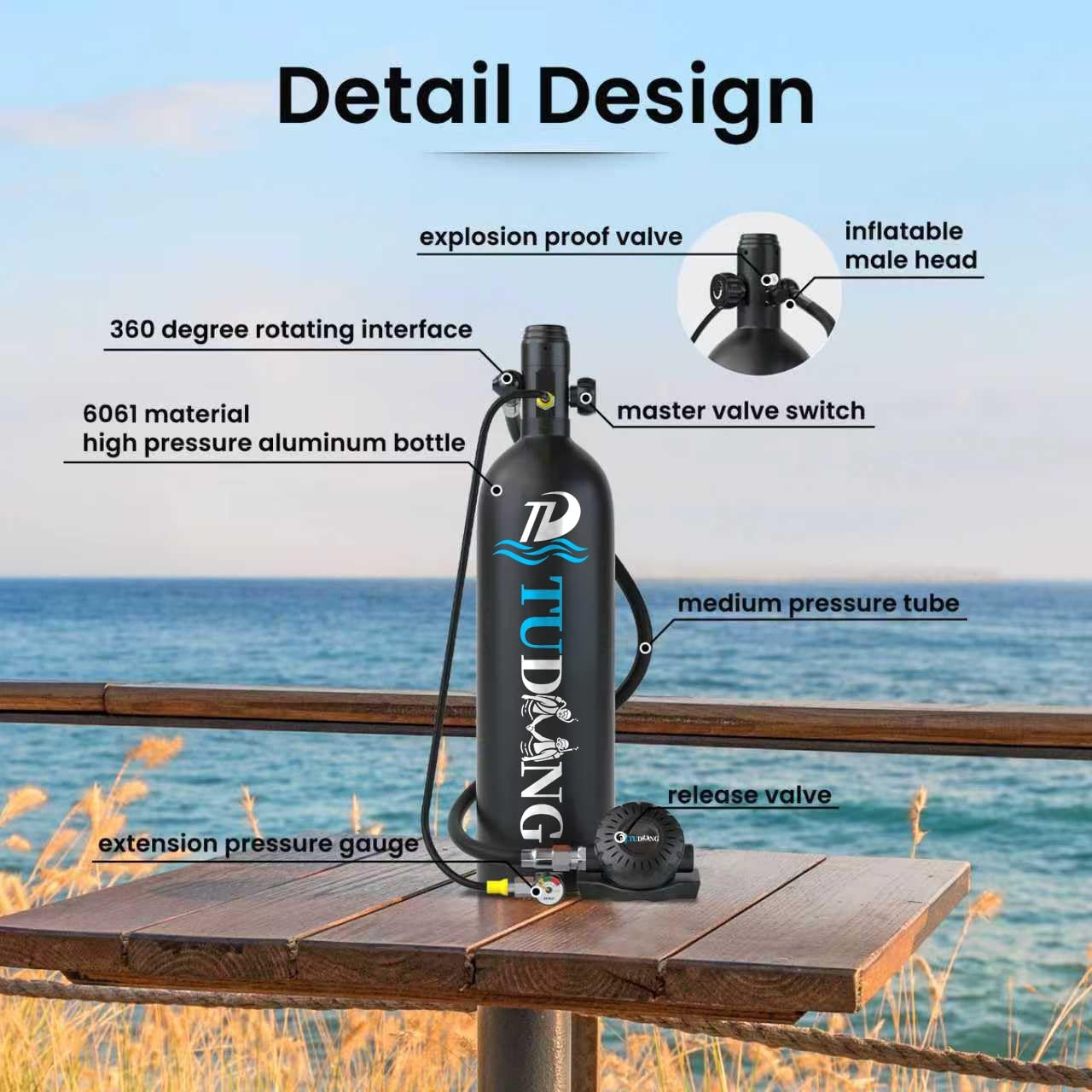 TUDIVING Mini Scuba Tank, 1.9L Portable Lung Tank for Underwater Breathing, S…