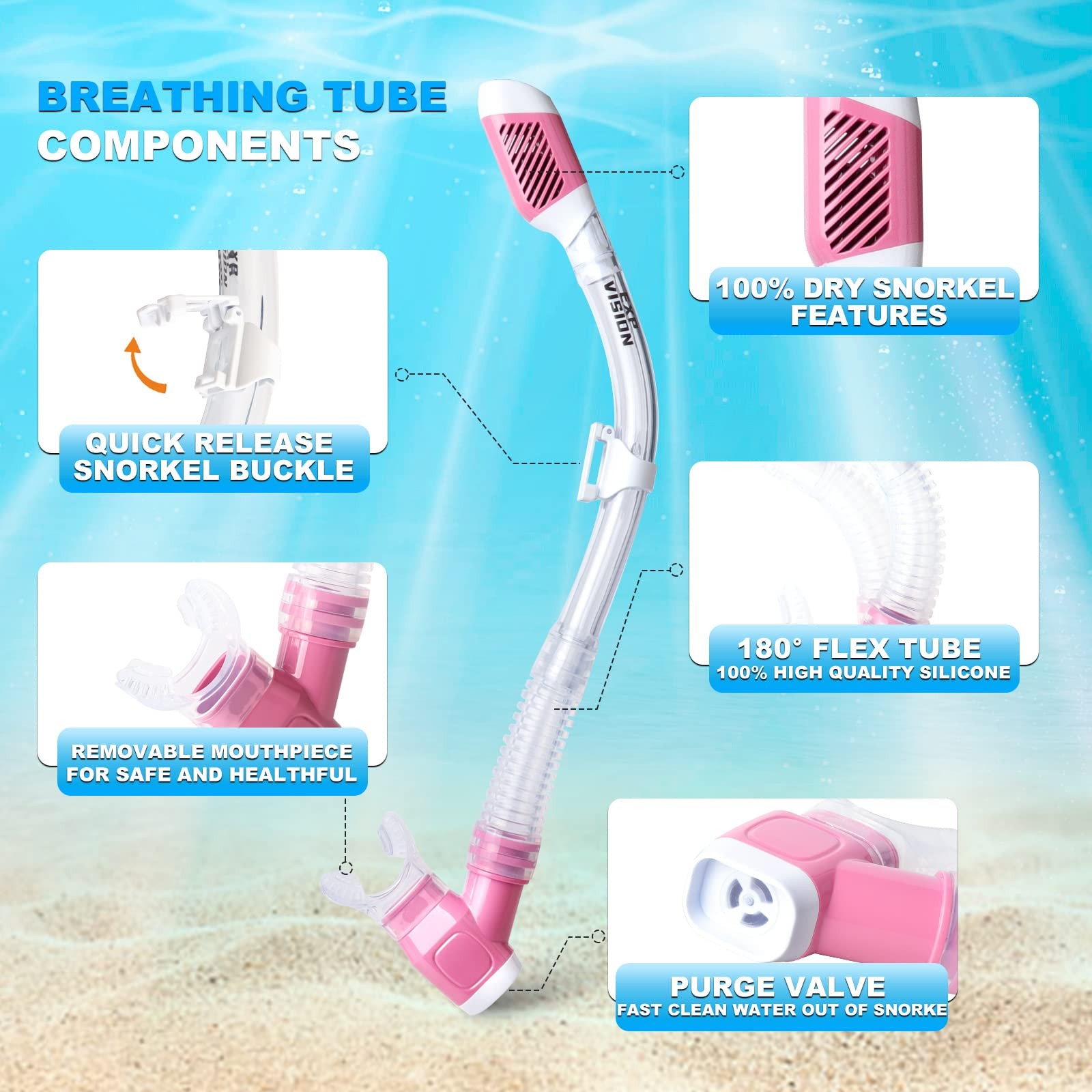 Snorkel Set Pano 4 Adult Snorkeling Gear, Professional Pink
