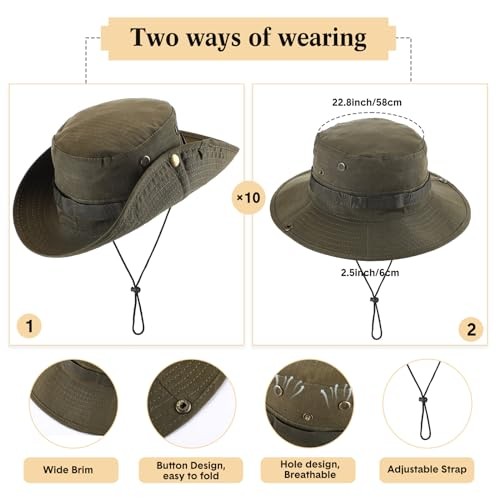 10 Pcs Bucket Hat Bulk Safari Hat Wide Brim Boonie Hiking Army Green Classic
