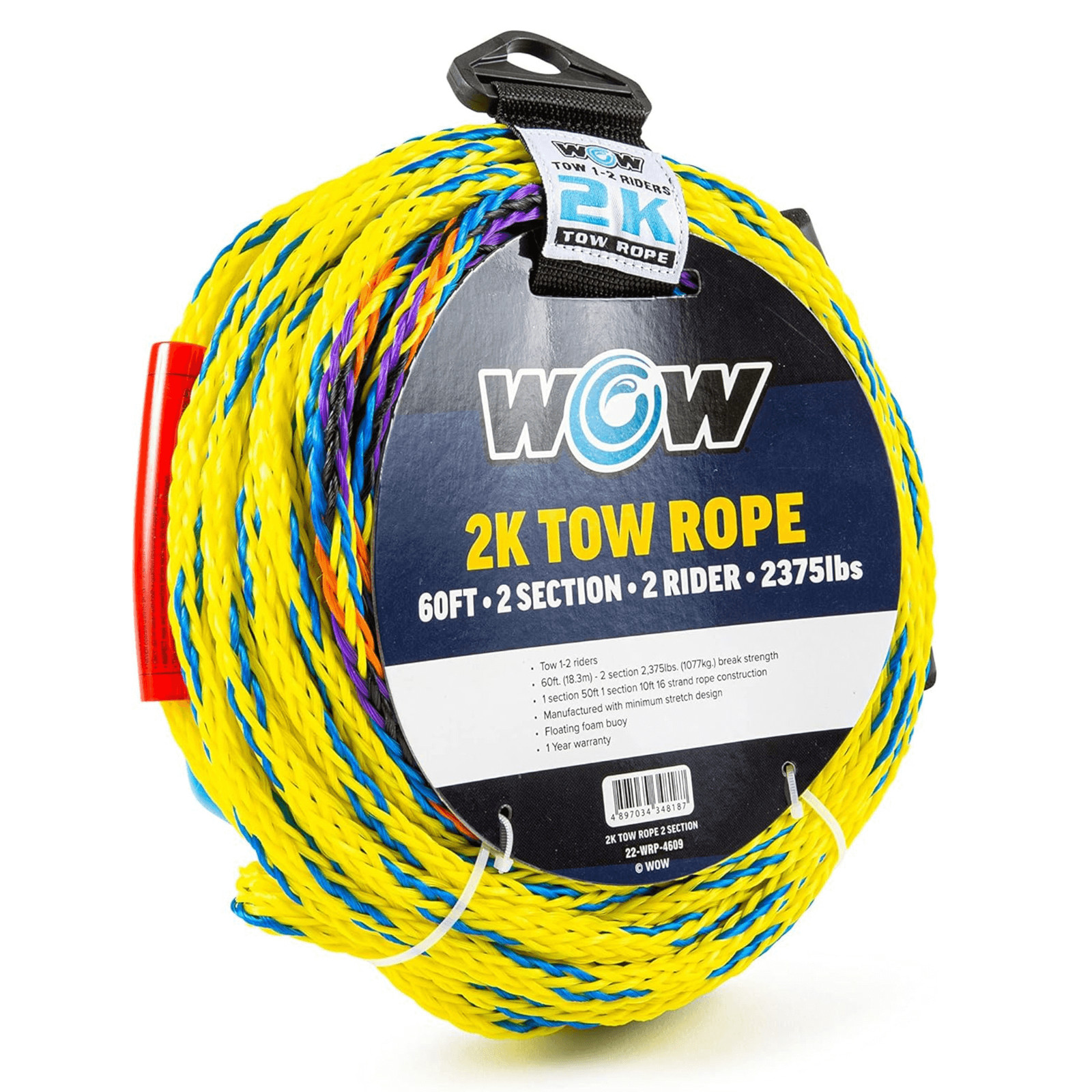 WOW Watersports 60ft 2-Rider 2K Tow Rope with 2 Sections for Inflatable Towables