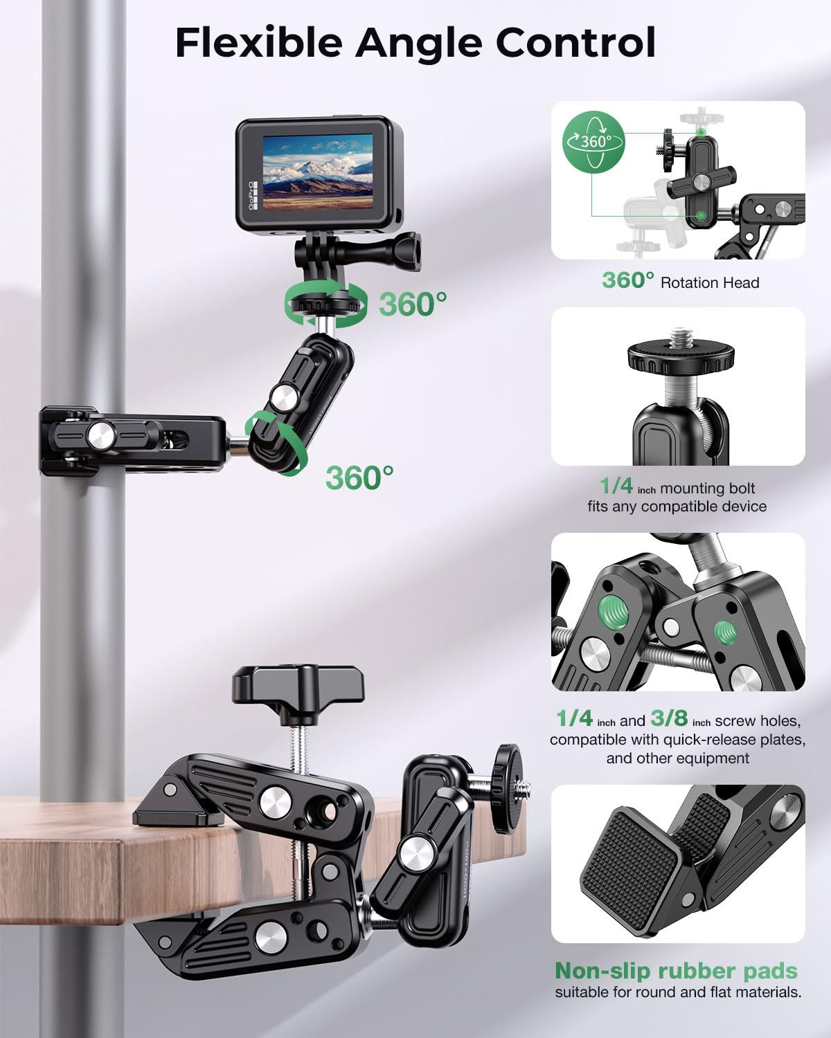 Super Clamp Camera Mount, 360° Dual Ballhead Magic Arm, 1/4″-20 & Black