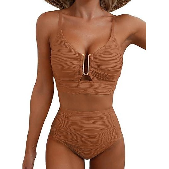 MSRP $49 Herseas S Caramel 2 Piece Bikini Set U-Wire Cutout Popular Swimsuit Hi