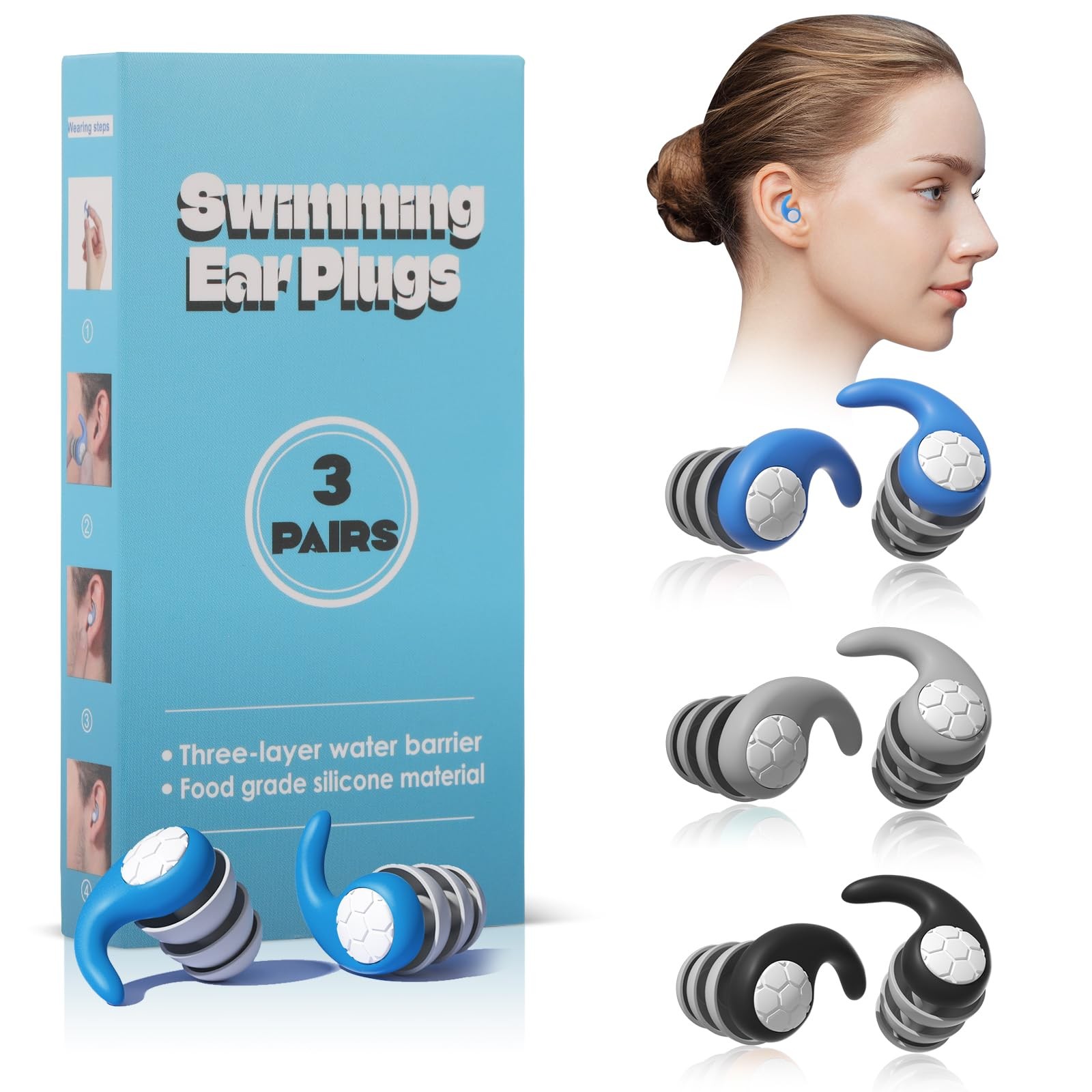 Swimming Ear Plugs for Adults,3 1 Count (Pack of 3), Adults-blue, Black, Grey