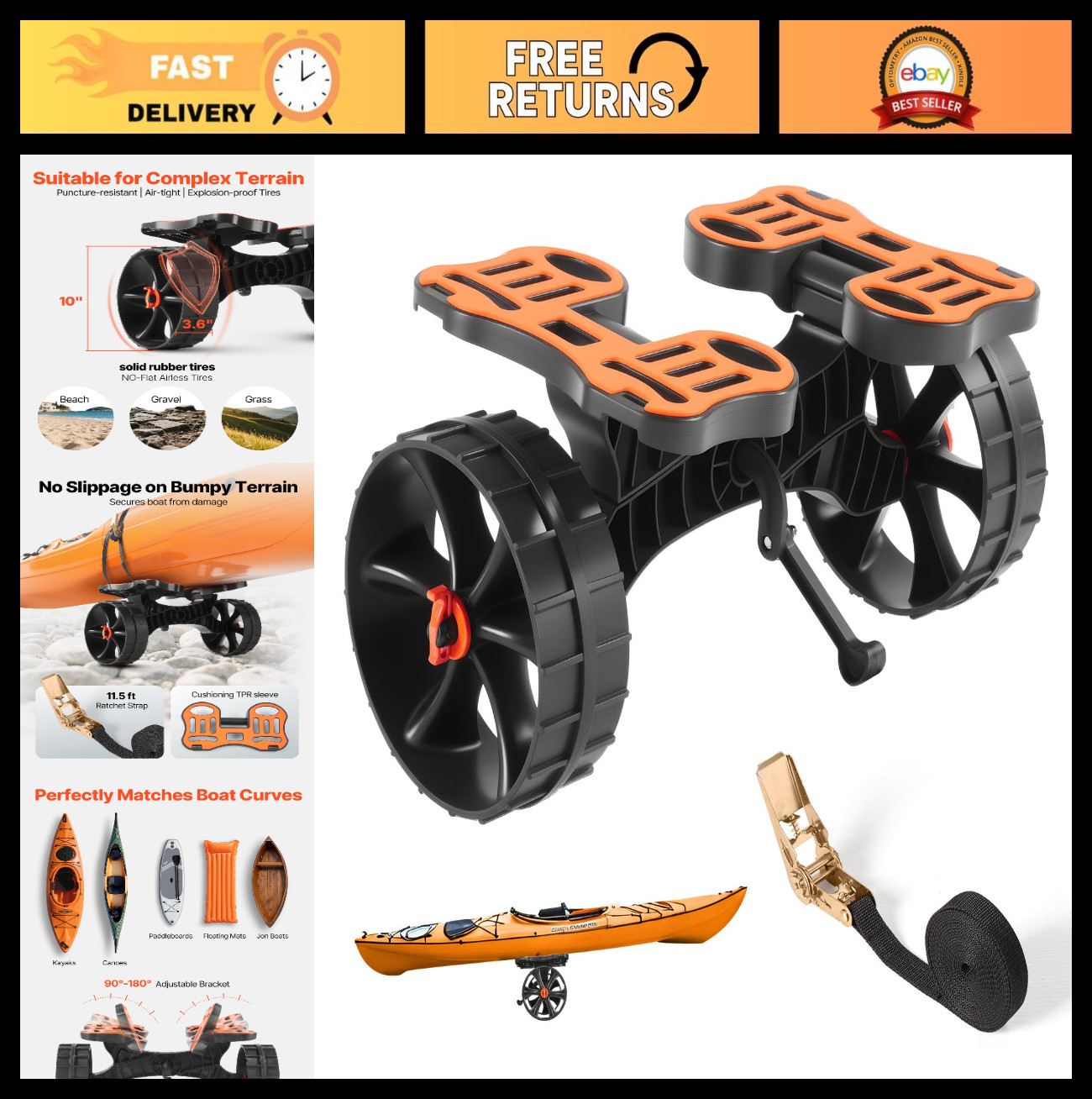 Foldable Kayak Cart 300 lbs Capacity, Trolley with 10″ Rubber Tires & Strap, Can