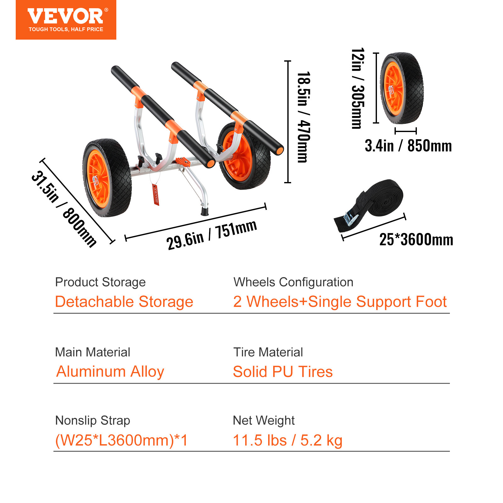 VEVOR Adjustable Kayak Cart Canoe Boat Carrier 450lbs Load with 12” Solid Tires