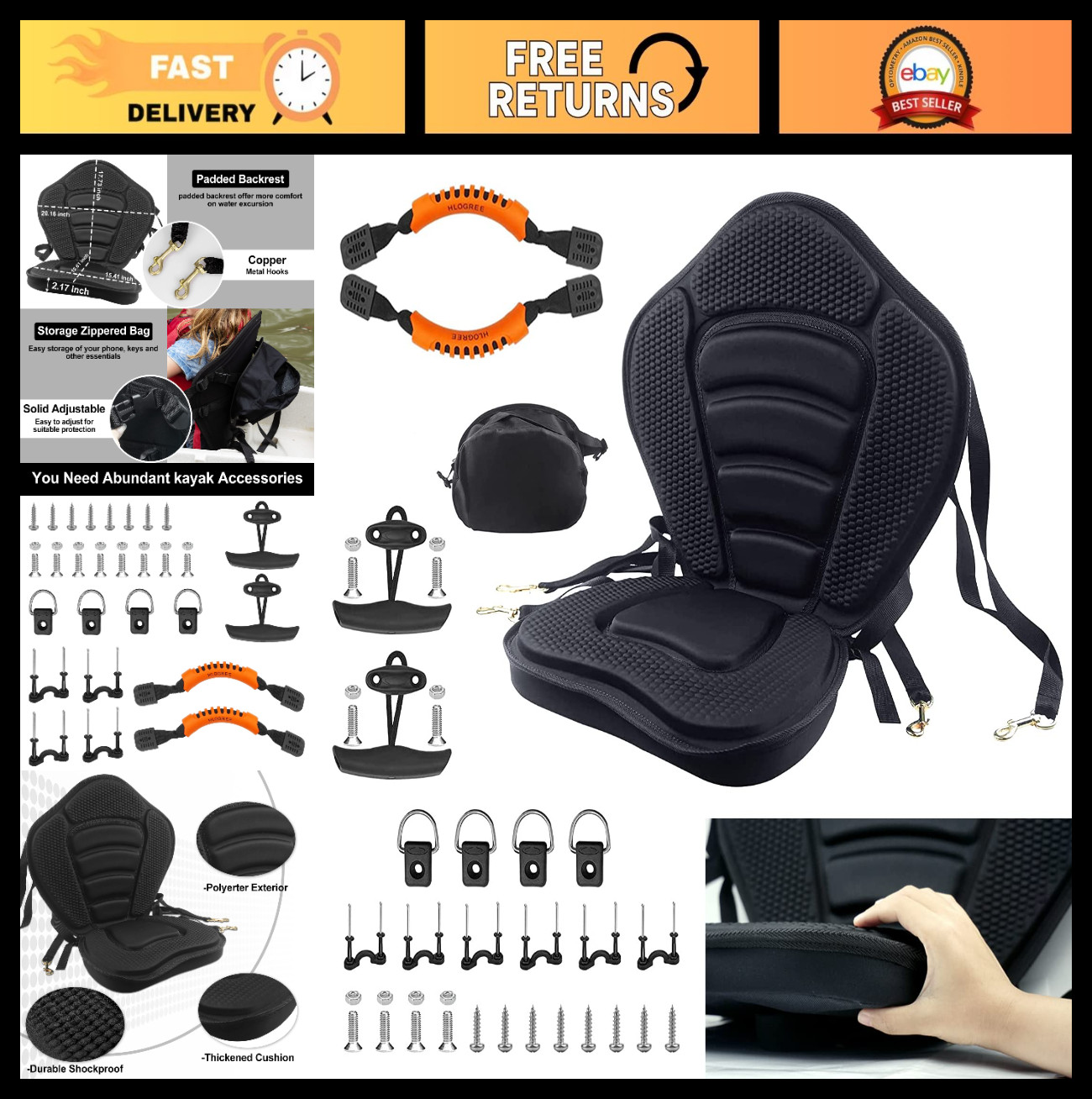 Padded Kayak Seat Cushion with Back Support – 1/2 Pack, Canoe & SUP Compatible