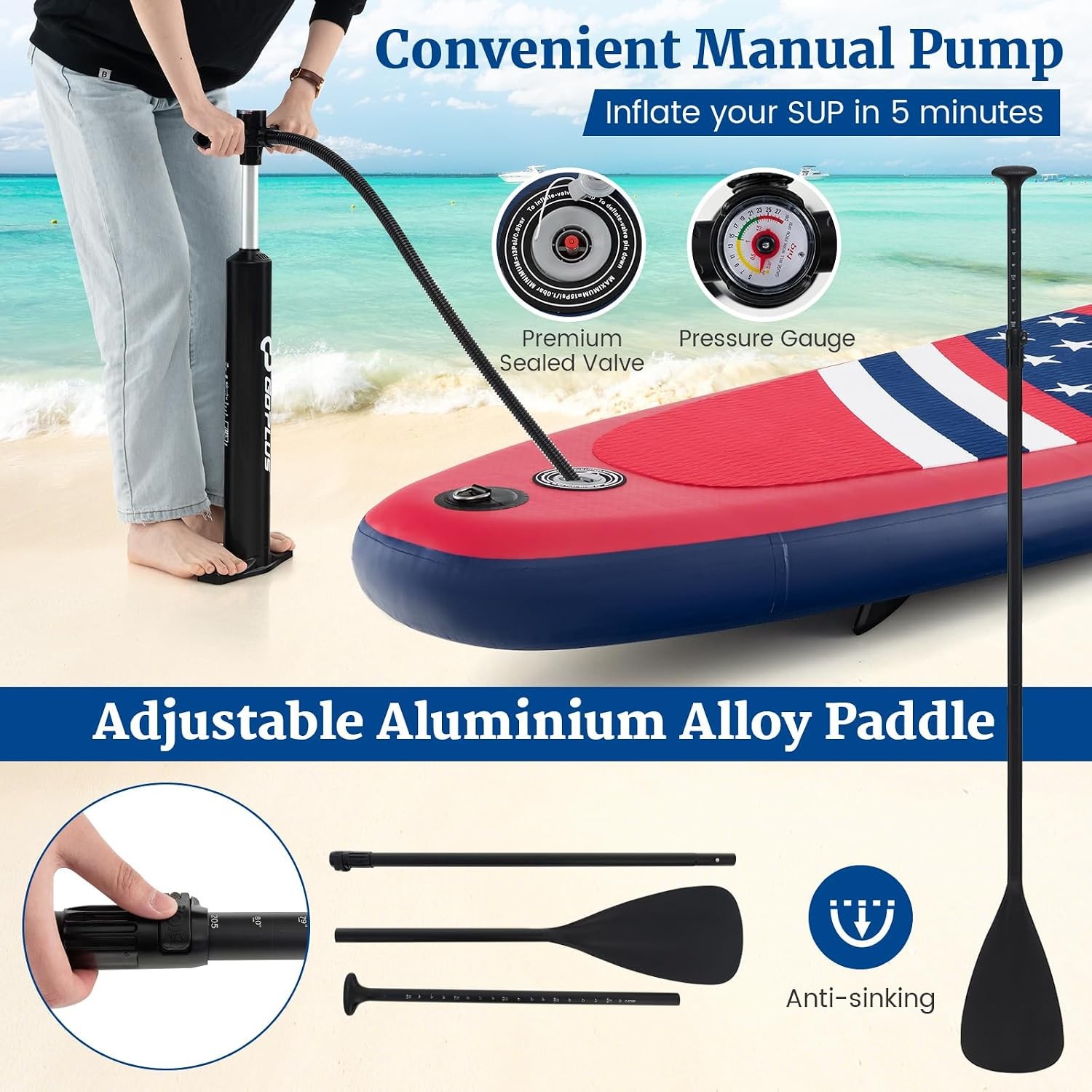 Stand Up Paddle Board Inflatable SUP W/ Wide Non-Slip EVA Deck Accessories-Leash