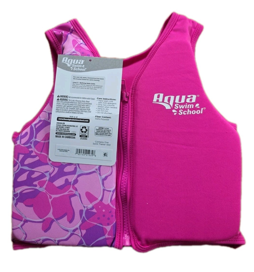 Aqua Swim School Girls Trainer Vest Wit Adjustable Safety Strap Level 3 Ages 4-6