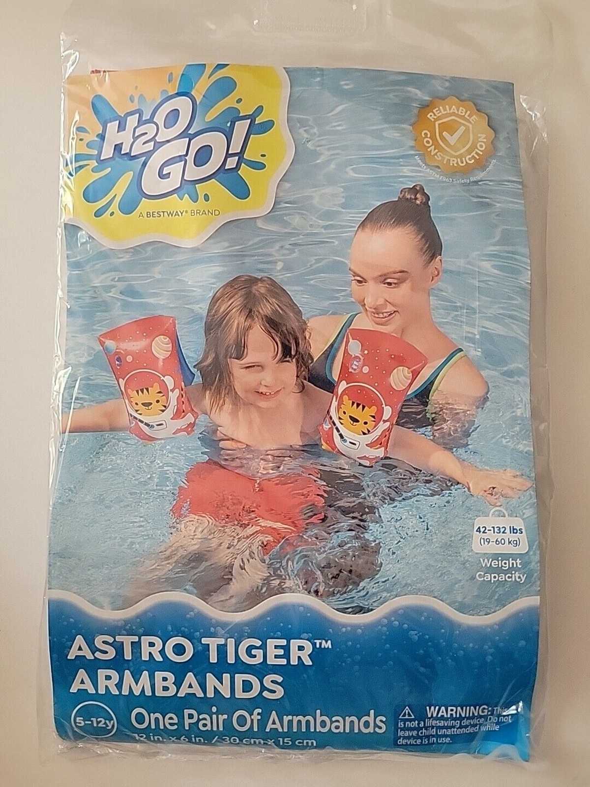 H2OGo ASTRO Tiger Armbands For Fun In the Pool Safety 1 Pair Ages 3-6 42-132 Lbs