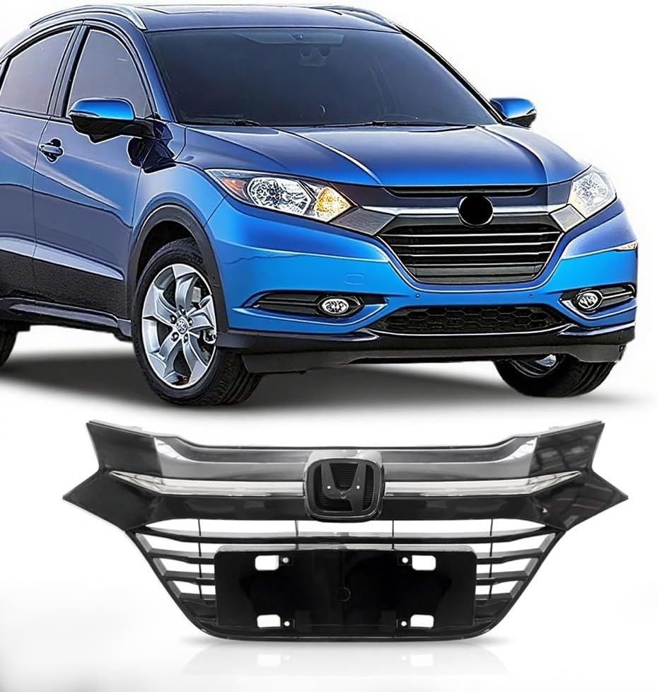 Full Black & Chrome Front Upper Grille Compatible with Honda 2016-2018 HRV HR-V