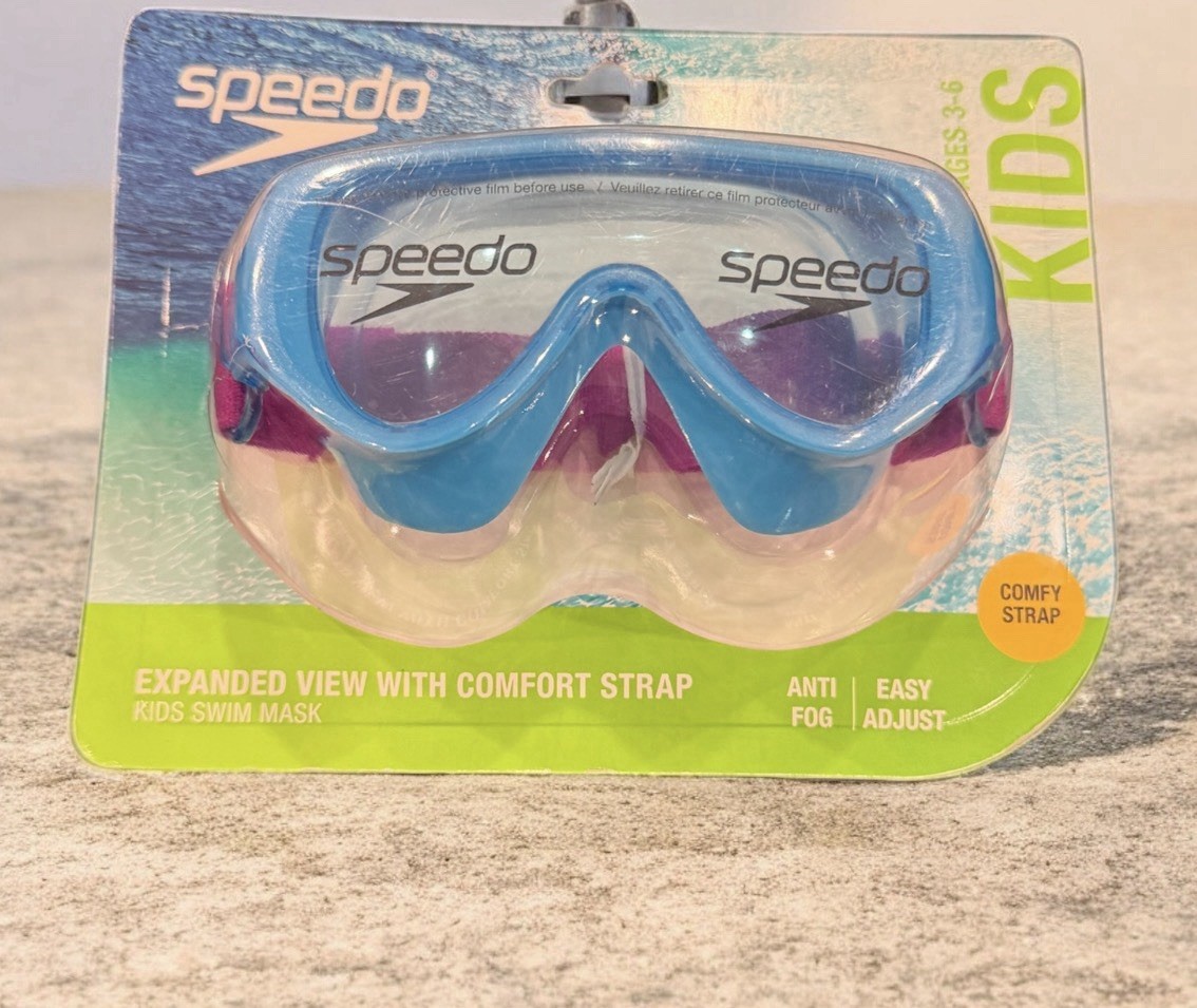 Speedo Kids’ Swim Mask with Fabric Strap – Blue/Purple Ages 3-6 Polycarbonate