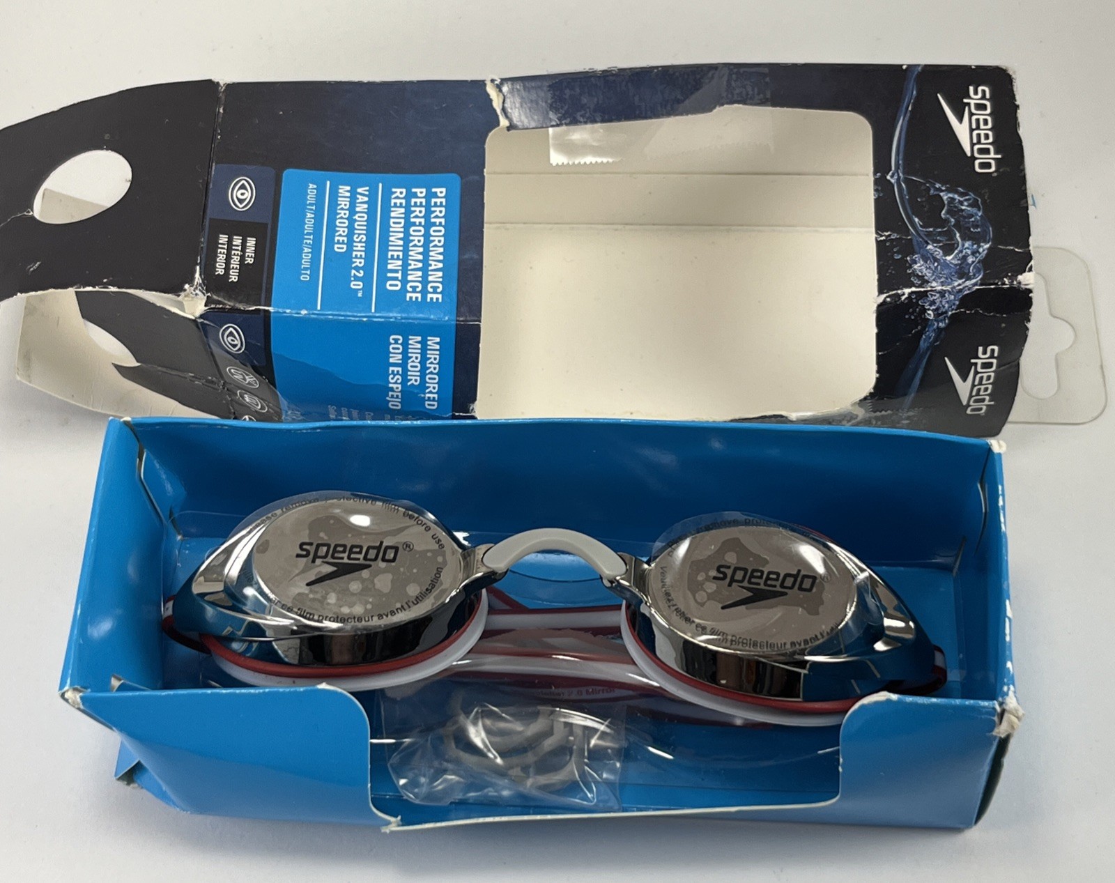 Speedo Women’s Vanquisher 2.0 Mirrored Competitive Swim Goggles Red White Open