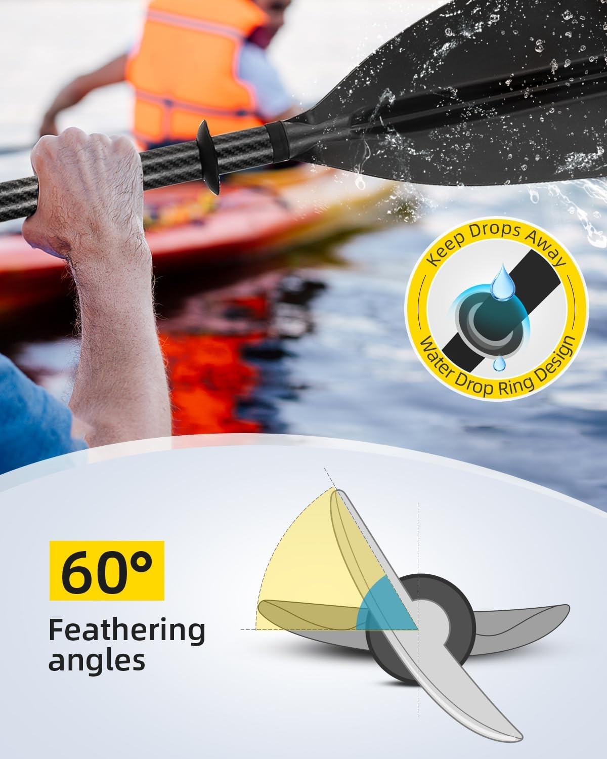 OCEANBROAD Adjustable Carbon Fiber Kayak Paddle 86in/220cm to 94in/240cm Kayakin