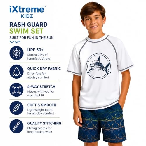 iXtreme Boys Swim Set – 2 Piece Rash Guard Short Sleeve Swim 5 White/Blue Shark