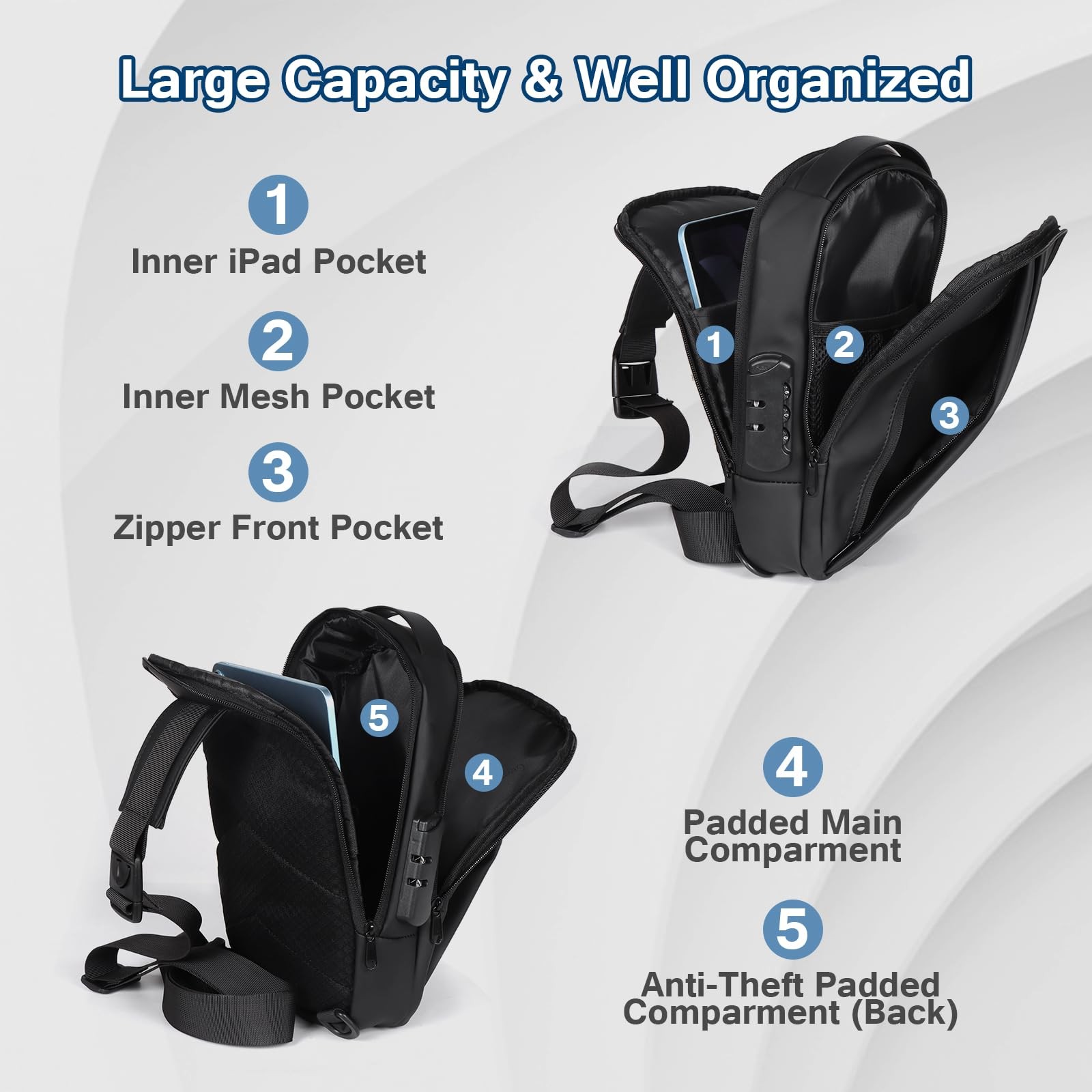 Geestock Anti-Theft Crossbody Sling Bag for 12.2 x 7.87 x 2.36 inches, Black