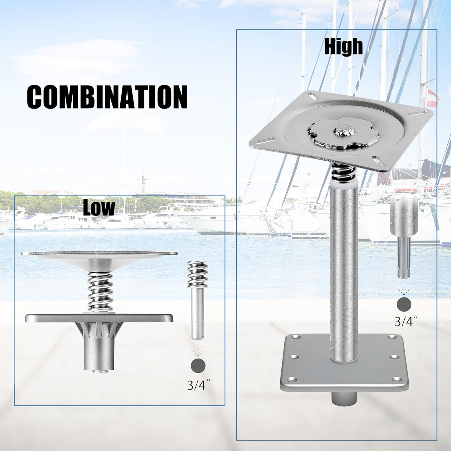 Marine-Grade Boat Seat Pin Mount,Swivel Base for 3/4″ Pin,Shock-Absorbing Pedes