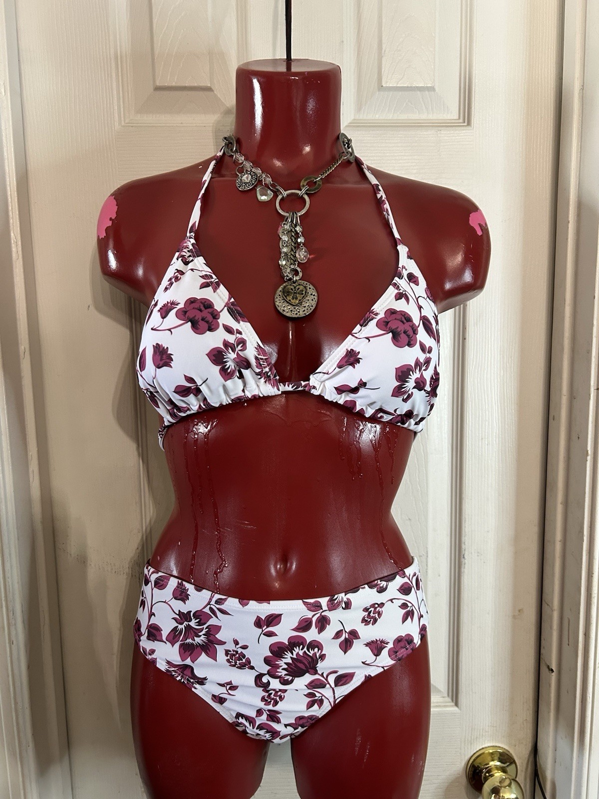 SHEIN 3 PIECE BIKINI SET W/ SKIRT – SIZE S – FLORAL BURGUNDY MULTI PRINT SWIM