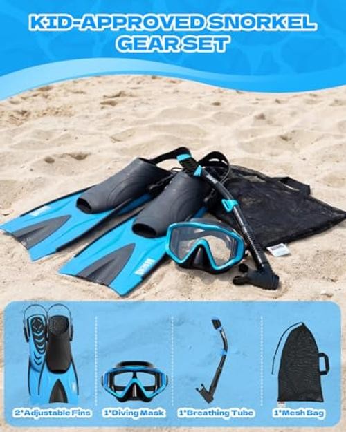 Snorkeling Gear for Kids Youth – 4-in-1 Snorkel Set with Anti X-Small Black